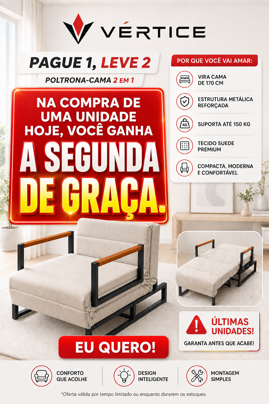 COMPRE 1 E LEVE 2 POLTRONAS-CAMA + BRINDES EXCLUSIVOS! Conforto em dobro pagando só uma. Clique agora e garanta as suas!