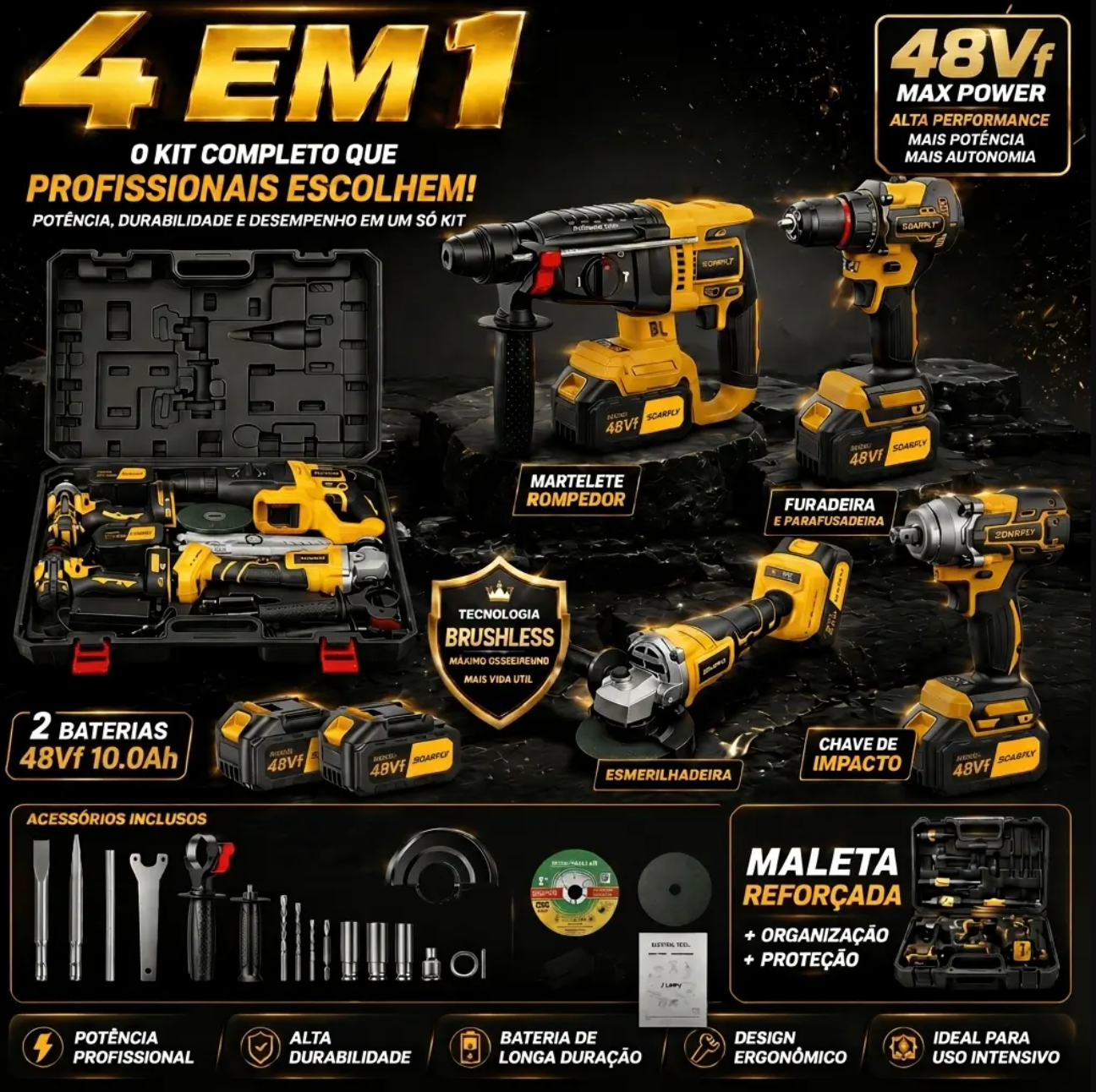 ALERTA 🚨  !!  Só Hoje por APENAS R$ 79,90 🔥🔥 [SOARFLY] Kit Ferramentas 4 em 1 - Martelete + Esmerilhadeira + Furadeira Parafusadeira +Impacto Chave | Ideal para Reformas Residenciais e Reparos Domésticos