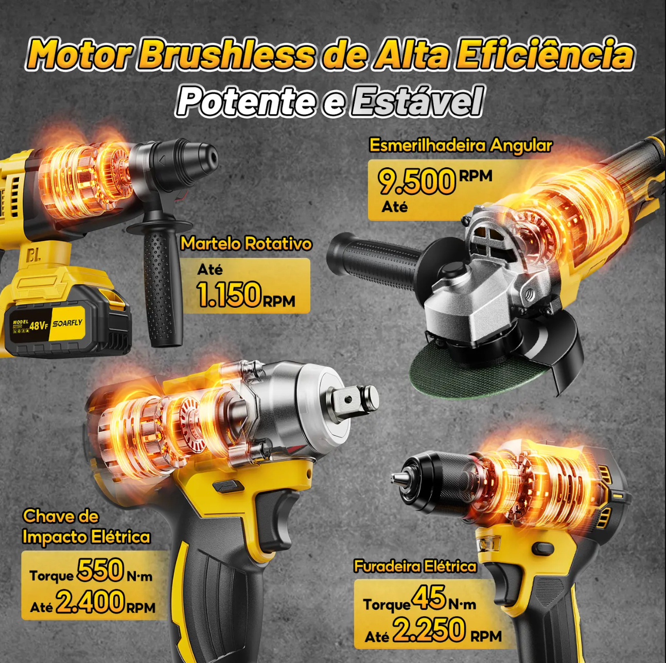 ALERTA 🚨  !!  Só Hoje por APENAS R$ 79,90 🔥🔥 [SOARFLY] Kit Ferramentas 4 em 1 - Martelete + Esmerilhadeira + Furadeira Parafusadeira +Impacto Chave | Ideal para Reformas Residenciais e Reparos Domésticos