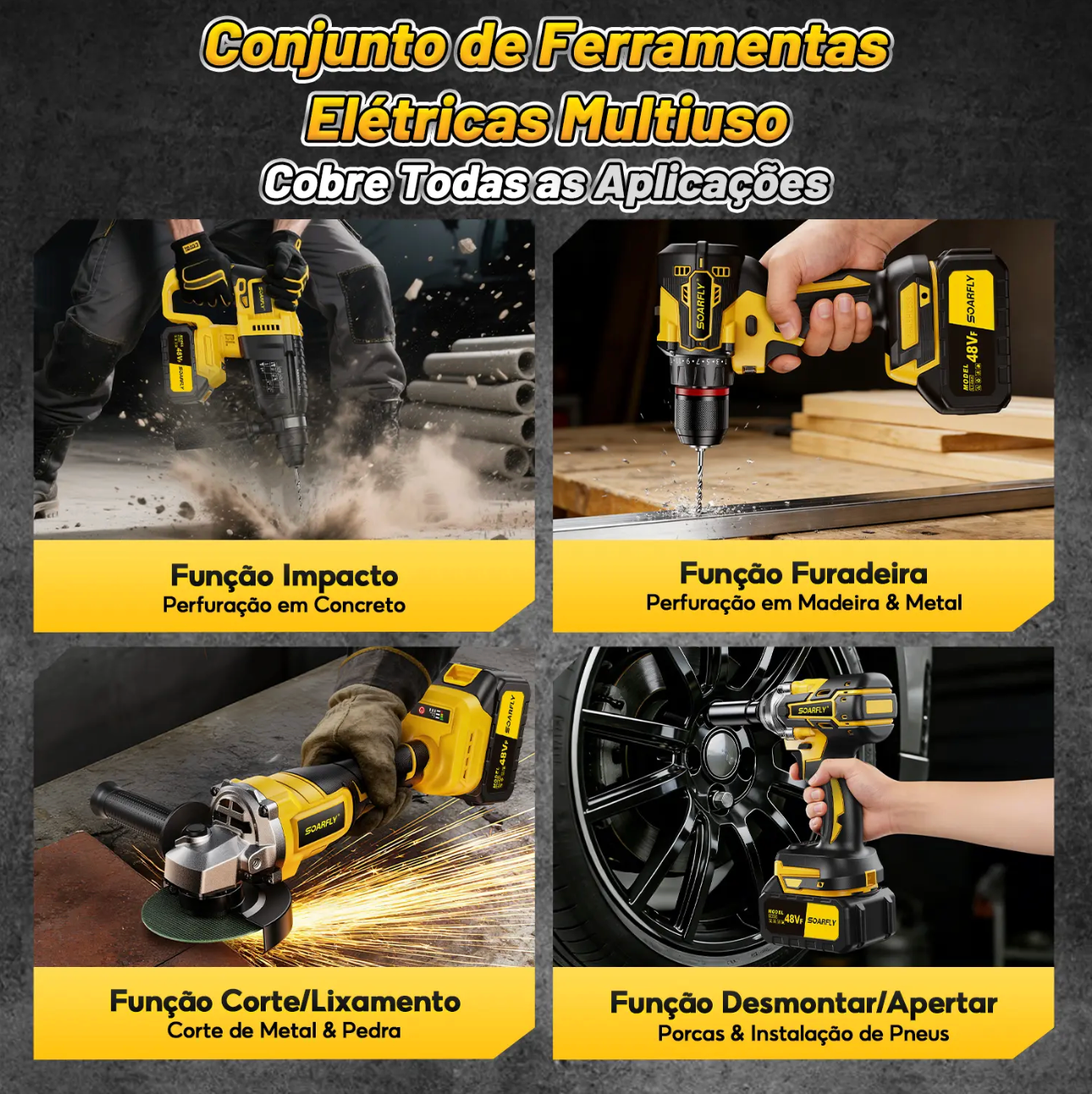 ALERTA 🚨  !!  Só Hoje por APENAS R$ 79,90 🔥🔥 [SOARFLY] Kit Ferramentas 4 em 1 - Martelete + Esmerilhadeira + Furadeira Parafusadeira +Impacto Chave | Ideal para Reformas Residenciais e Reparos Domésticos