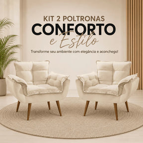 Kit 2 Poltronas Opala Estofadas Design Moderno Sala de Estar + Brinde exclusivo - Puff
