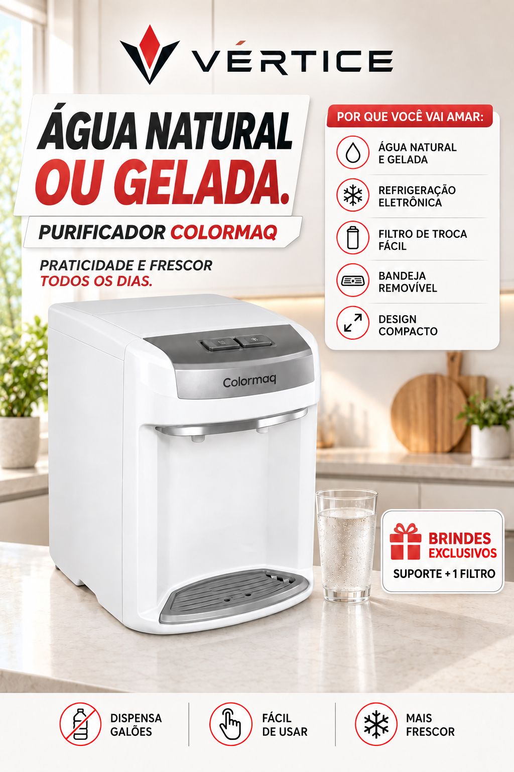 🚨 SOMENTE HOJE NESSE PREÇO 🚨 Purificador de Água Colormaq Agua Gelada e Natural para Bancada + Suporte e 1 Filtro de BRINDE !