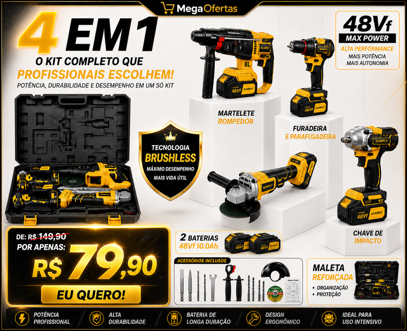 ALERTA 🚨  !!  Só Hoje por APENAS R$ 79,90 🔥🔥 [SOARFLY] Kit Ferramentas 4 em 1 - Martelete + Esmerilhadeira + Furadeira Parafusadeira +Impacto Chave | Ideal para Reformas Residenciais e Reparos Domésticos